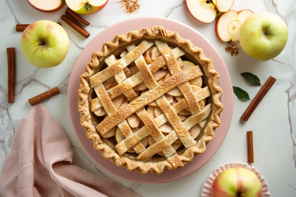 What are the 4 main desserts - Freshly baked apple pie with lattice crust on a soft pink plate.