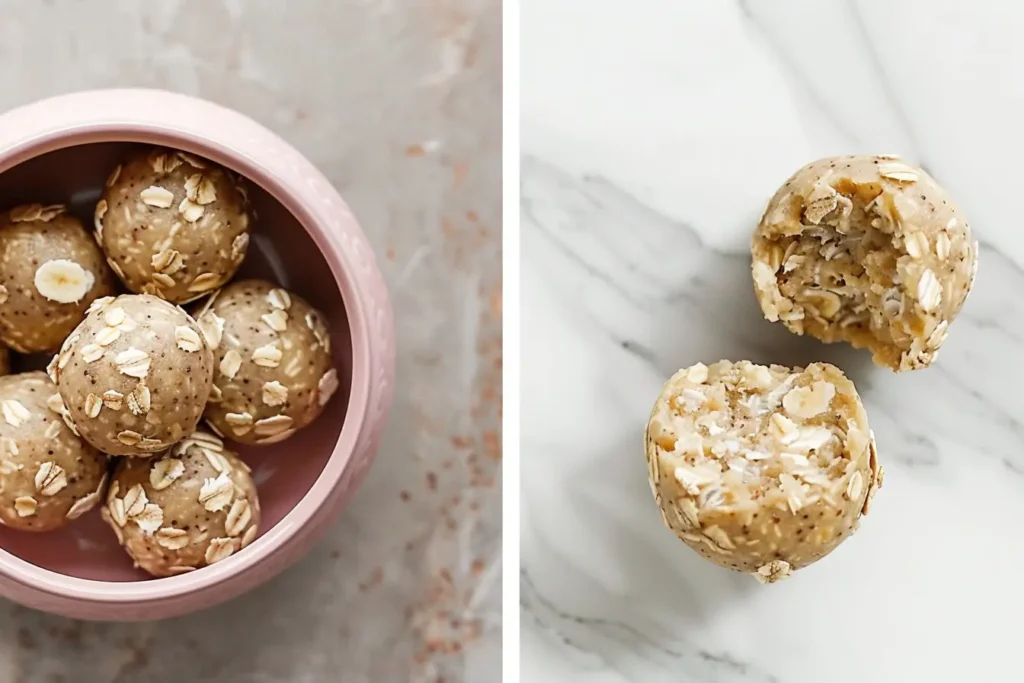 What can I eat that's gluten free and dairy free - Banana oat energy balls shown overhead and close-up.