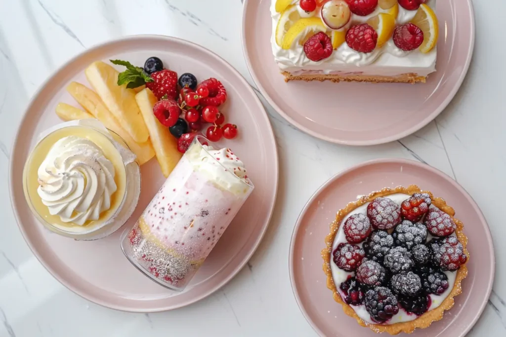 What dessert goes with brunch - Trio of brunch desserts: fruit parfaits, lemon bars, and berry tarts