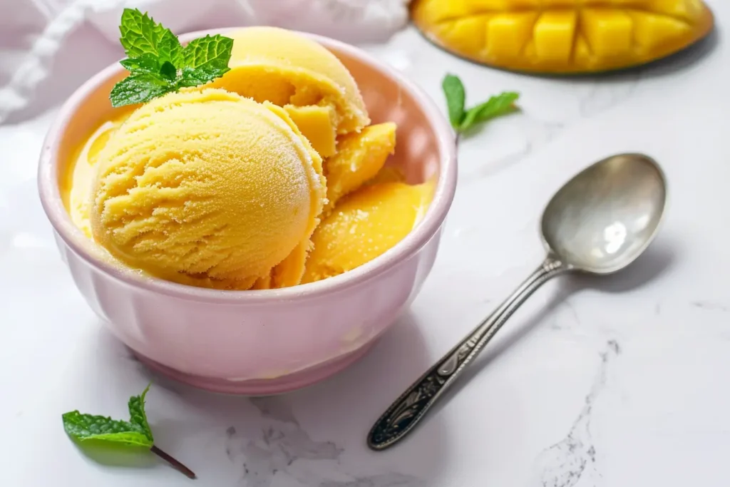 What is a nice light dessert - Mango sorbet in a soft pink ceramic bowl with mint garnish.