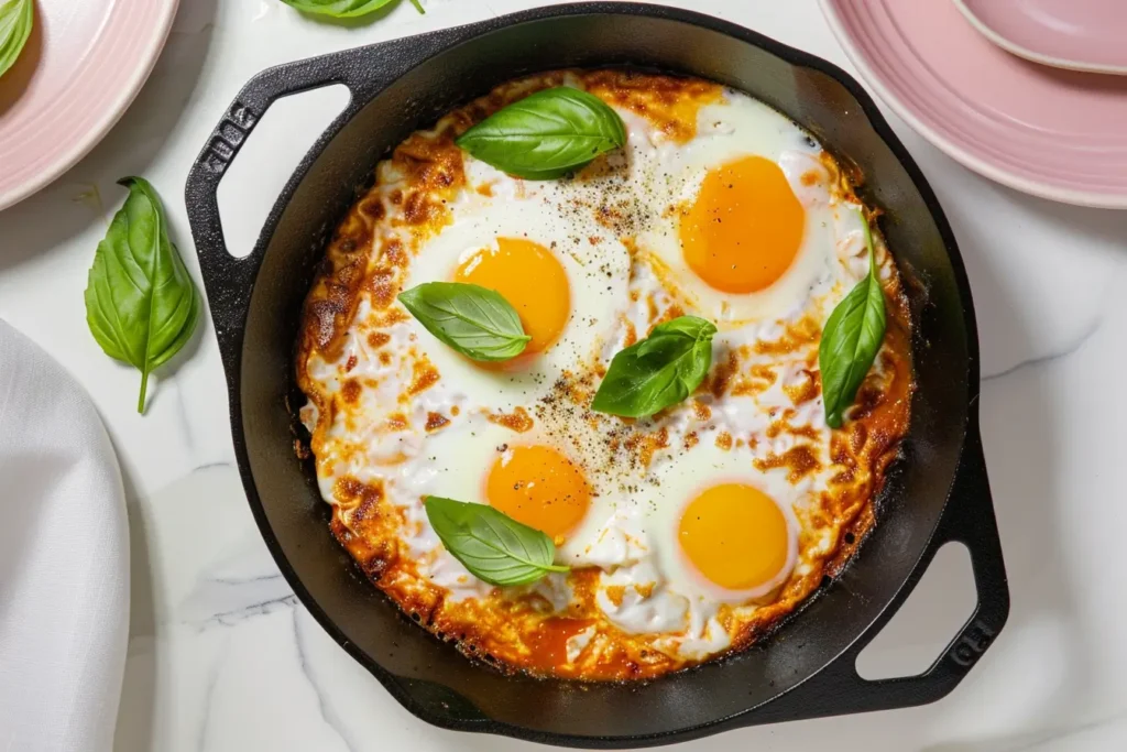 What is the most popular brunch dish - Shakshuka garnished with basil in a cast-iron skillet.