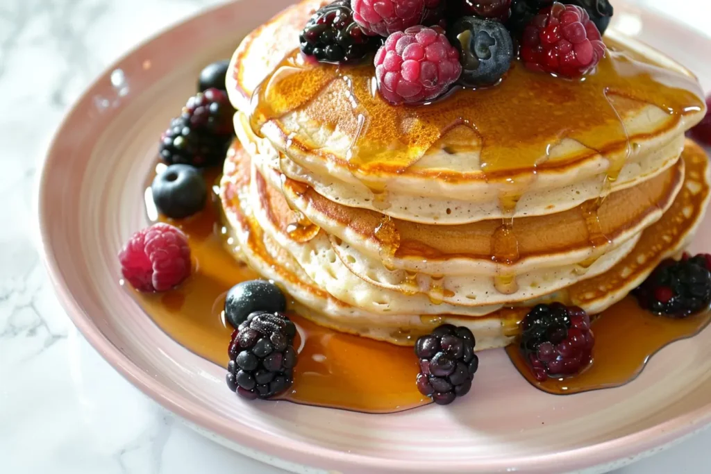 What is typically served at brunch - A stack of pancakes with berries and honey on a brunch table.