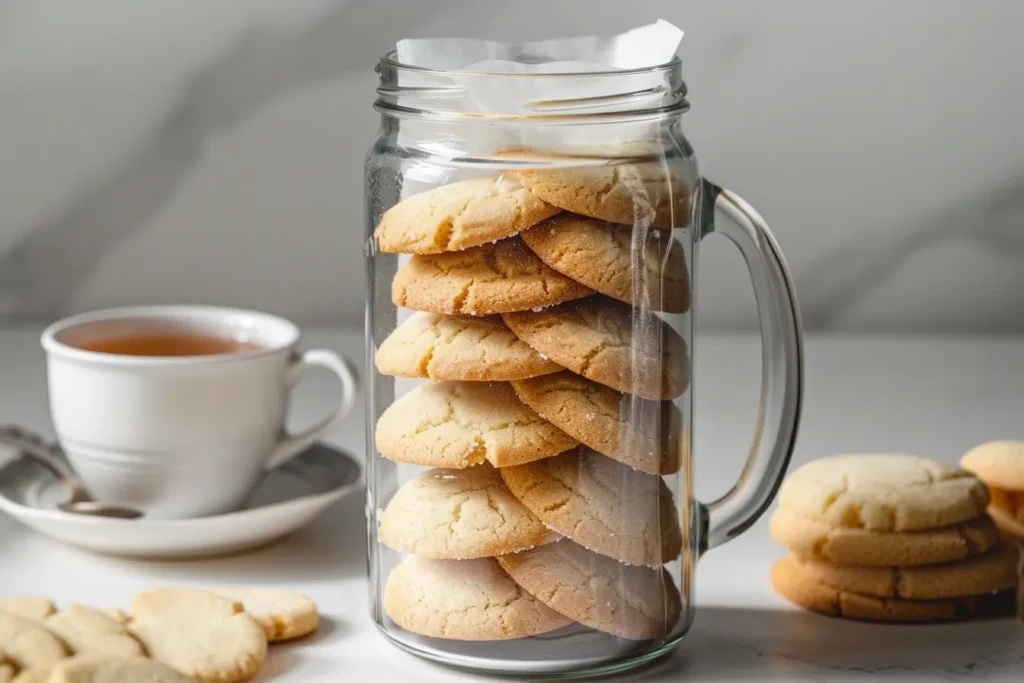 Gluten-free sugar cookies stored in a glass jar with parchment.