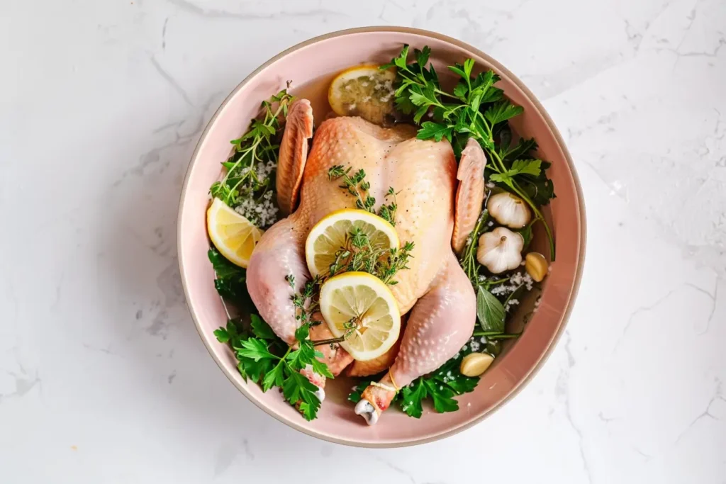 how long to smoke a whole chicken - Whole chicken in a brine with herbs, garlic, and lemon slices.