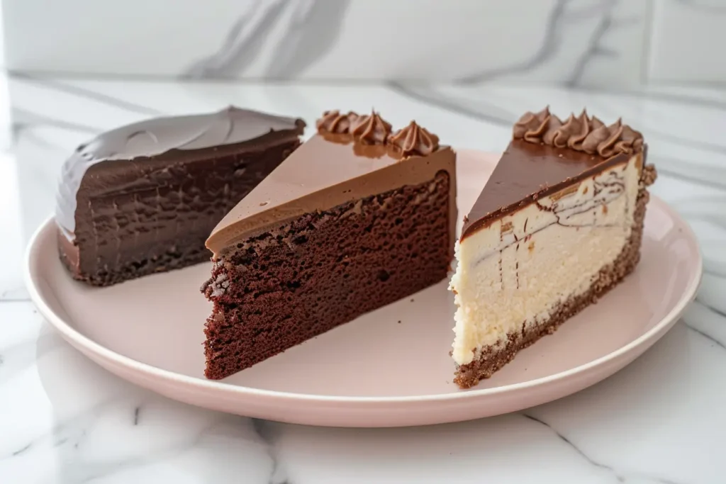 rich dense cake - Three rich dense cakes: chocolate, pound cake, and cheesecake.