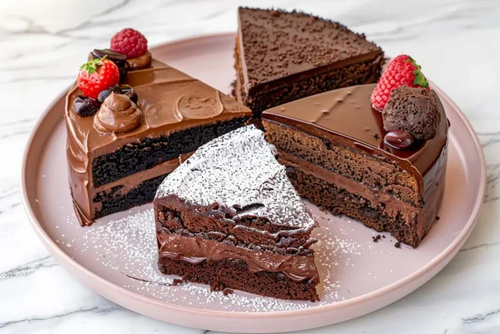 triple chocolate cake - Three rich chocolate cakes: a layer cake, lava cake, and flourless cake