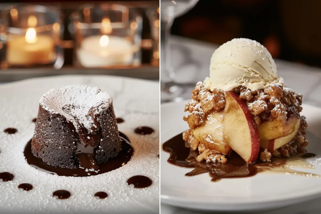 warm desserts - A split-frame image of molten chocolate lava cake and warm apple crumble.