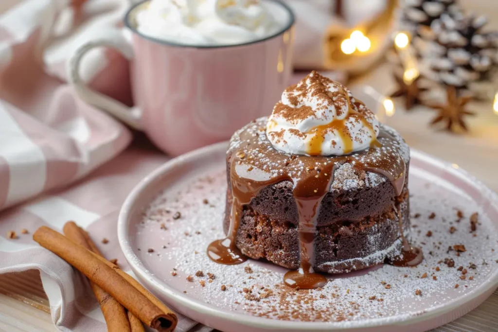 winter desserts - A plated winter dessert with caramel drizzle and hot cocoa on the side.