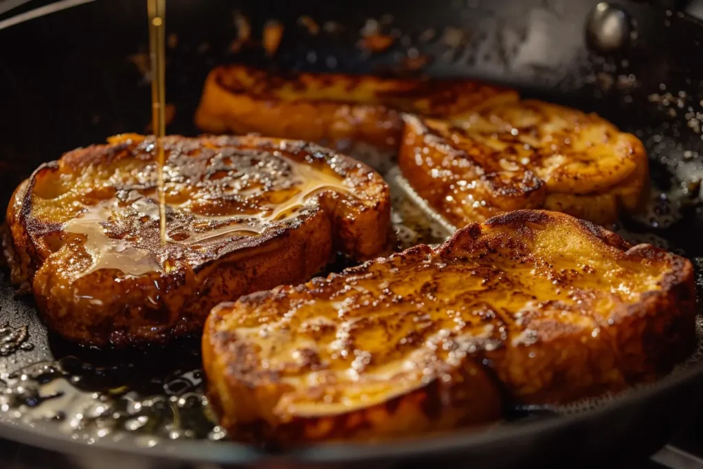 Banana Bread French Toast - Banana Bread French Toast cooking in a skillet