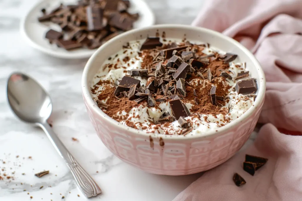 Best Dessert-Inspired Overnight Oats - A bowl of tiramisu overnight oats dusted with cocoa powder and dark chocolate shavings