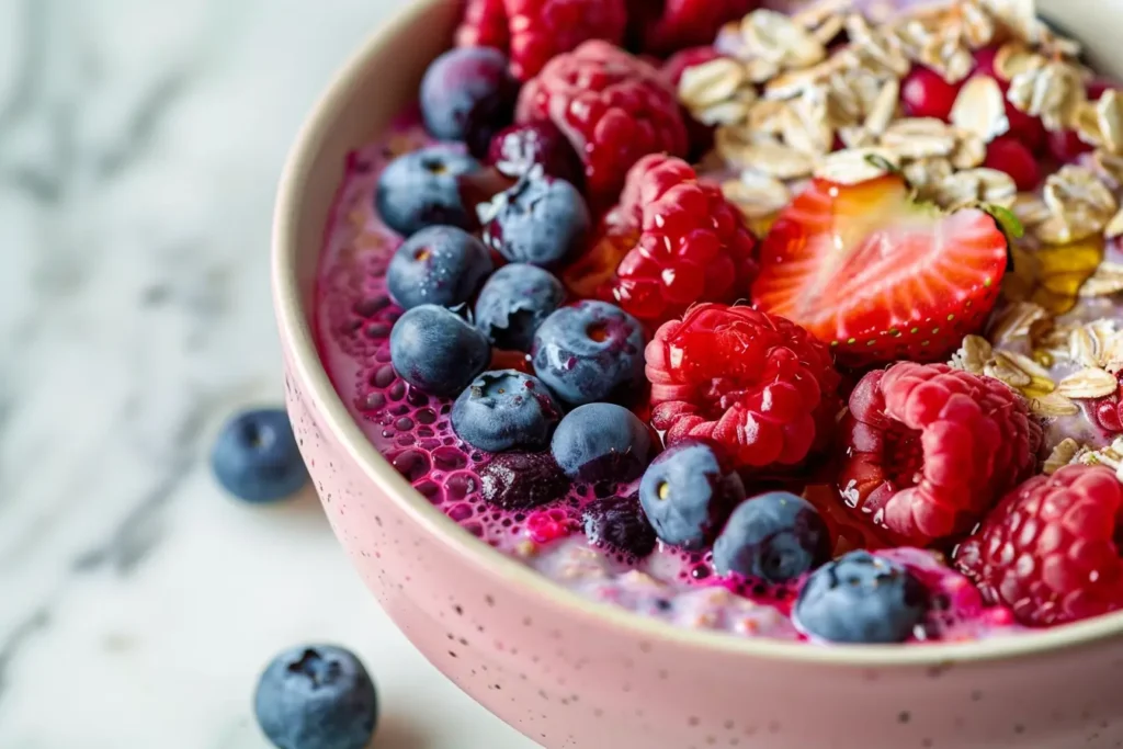 Blended Overnight Oats - A bowl of triple-berry blended overnight oats with fresh fruit toppings