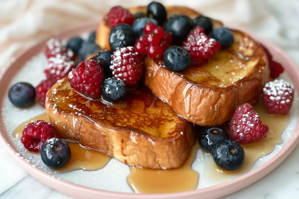 Brunch Hours - Sourdough French toast topped with berries and maple syrup.