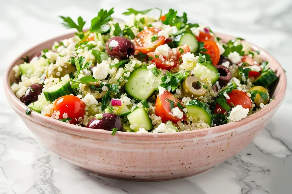 Brunch Salad - Mediterranean quinoa salad with tomatoes, cucumbers, olives, feta, and parsley.