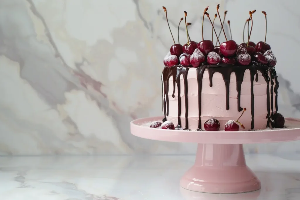 Chocolate Cherry Cake - A rich Chocolate Cherry Layer Cake with chocolate ganache and fresh cherries.