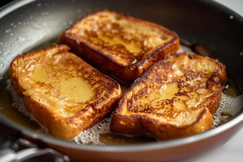 French toast for one - French toast cooking in a pan until golden brown