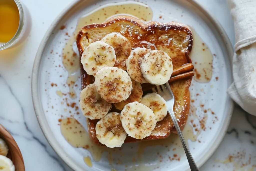 French toast without milk or eggs - French toast topped with bananas and cinnamon.