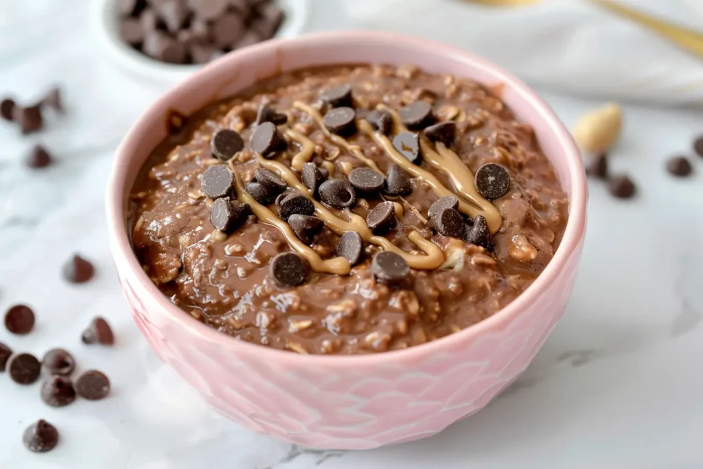 High-Protein Overnight Oats - A spoon stirring creamy, perfectly textured overnight oats in a pink bowl