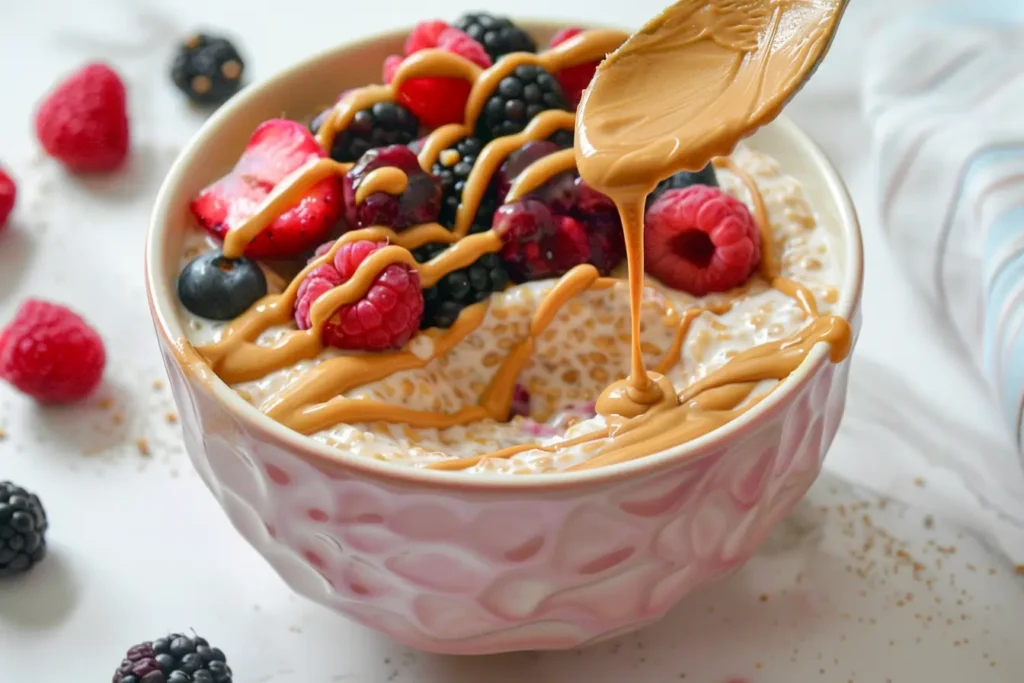 The Ultimate Guide to Overnight Oats - A bowl of peanut butter & jelly overnight oats with fresh berries