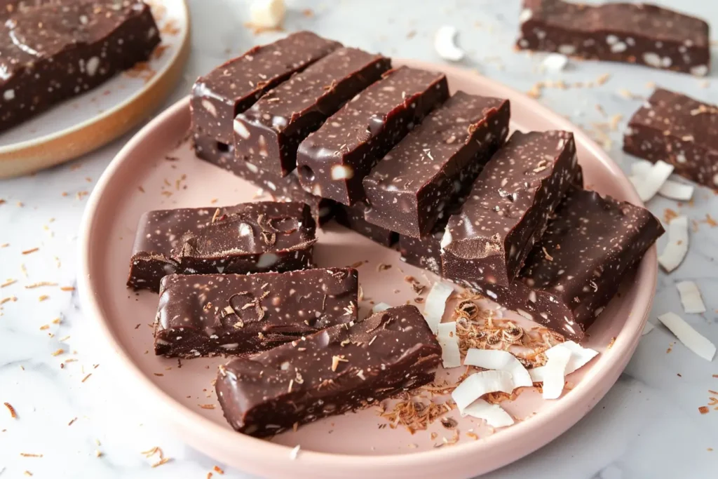 What are some good gluten and dairy free snacks - Raw chocolate bounty bars on a pink plate with coconut flakes.