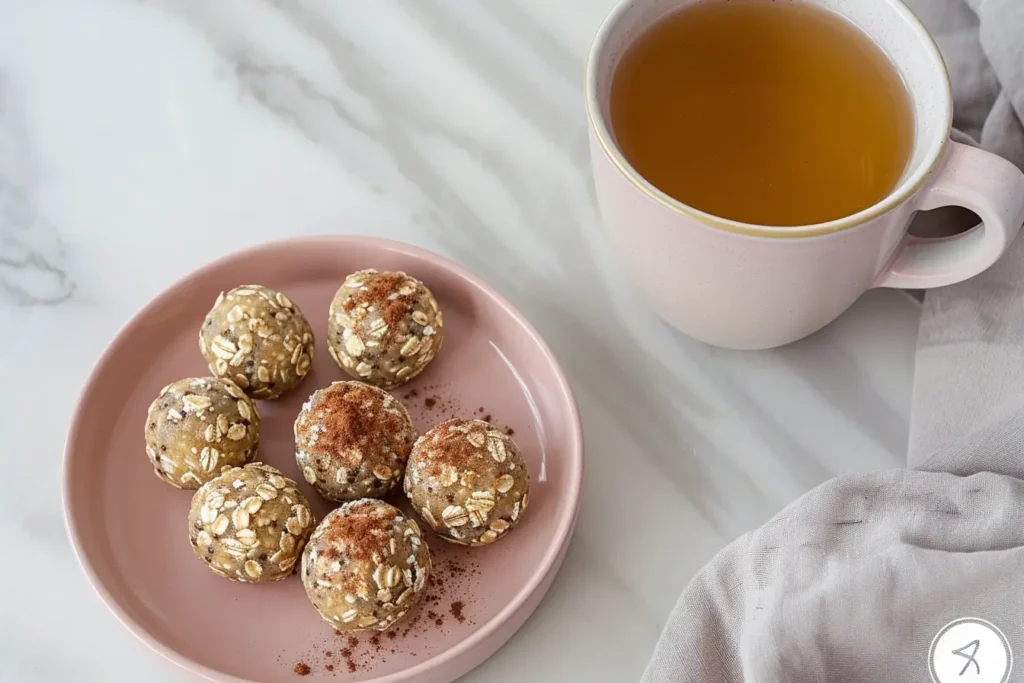 What can I eat that's gluten free and dairy free - A plate of banana oat energy balls with herbal tea.