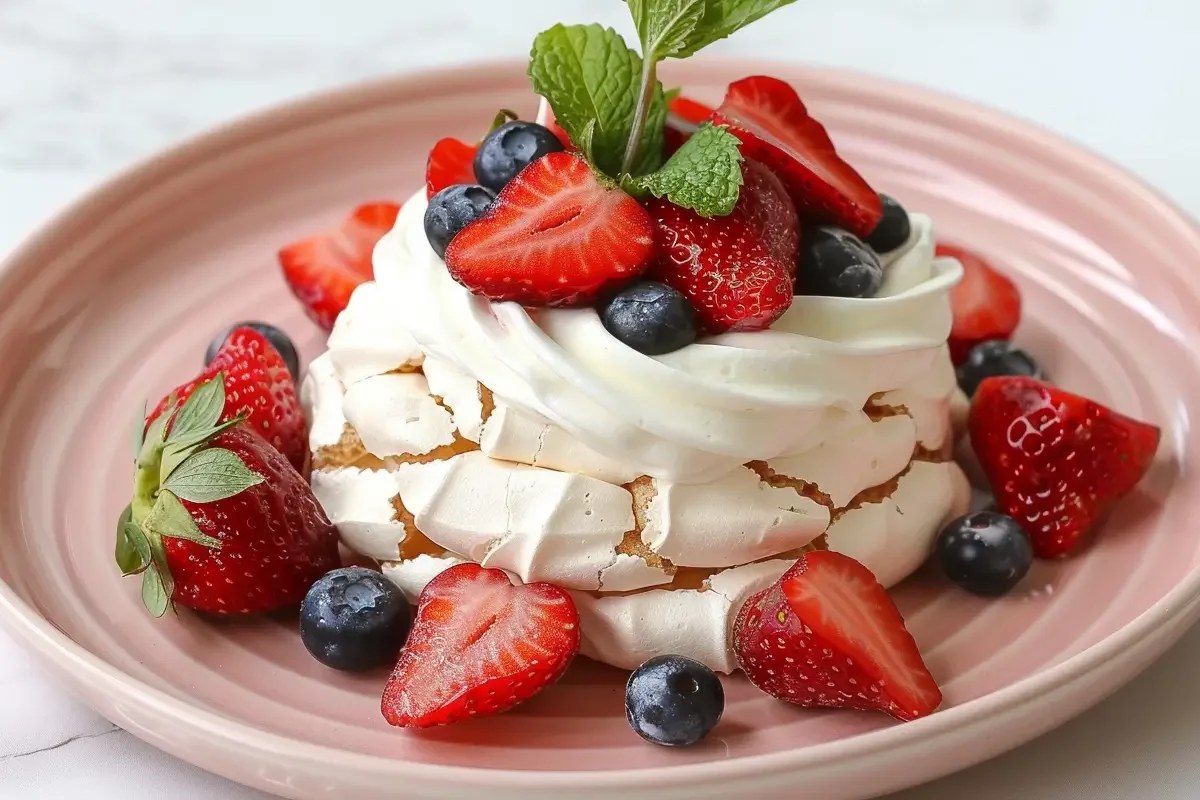 What desserts are good for bridal brunch - Mini pavlova with fresh berries on a soft pink ceramic plate