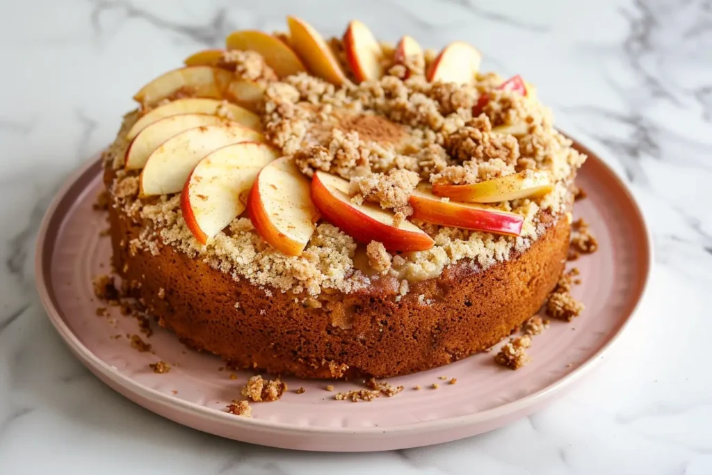 What is a nice light dessert - Apple coffee cake with cinnamon crumble on a soft pink plate.