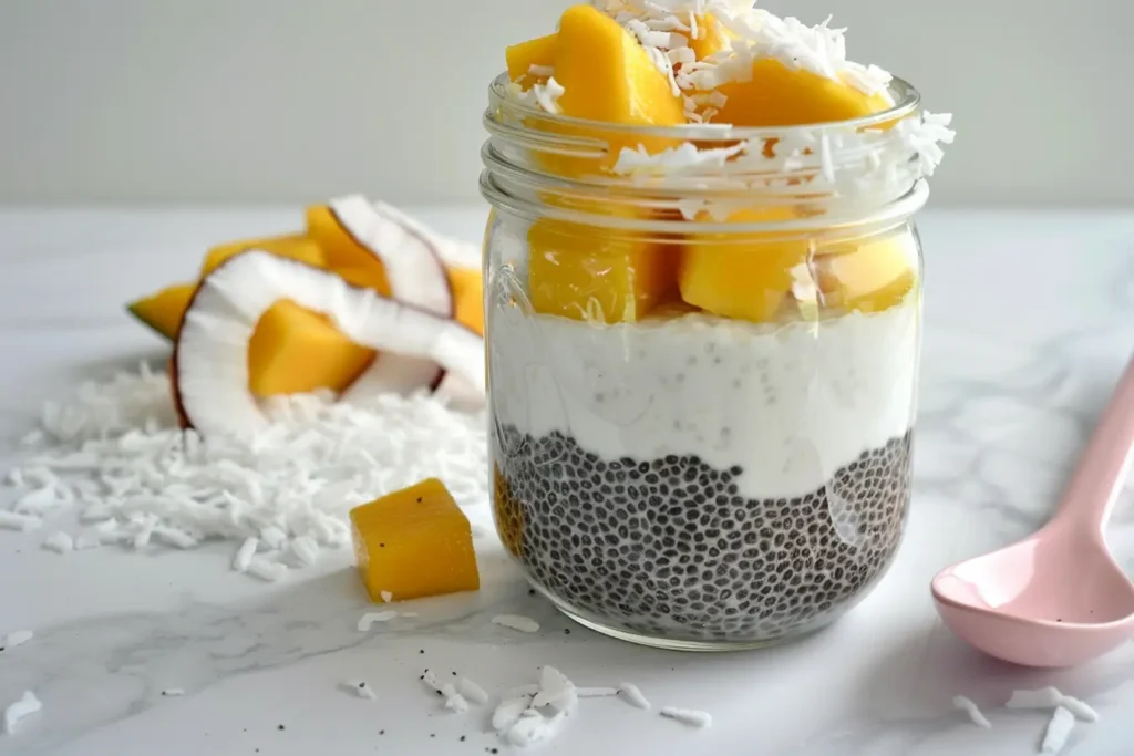 gluten and dairy free desserts - Layered coconut mango chia pudding in a jar