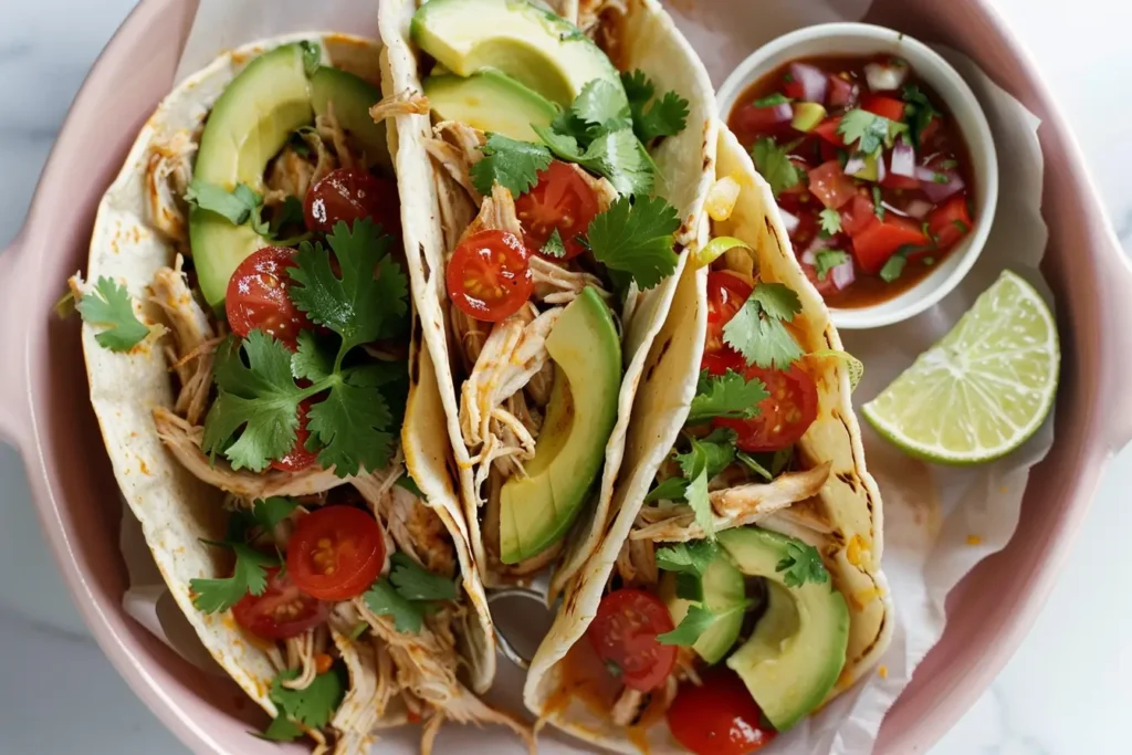 how long can cooked chicken sit out - Slow cooker shredded chicken tacos with toppings.