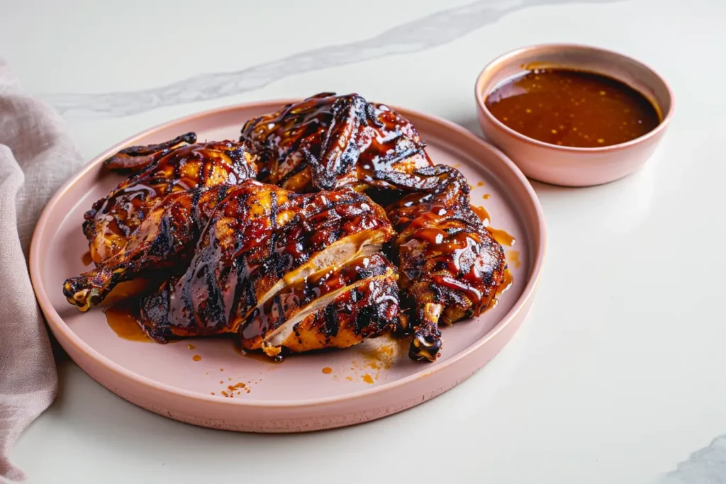 how long to smoke a whole chicken - Smoked BBQ chicken with maple glaze, served with extra sauce.