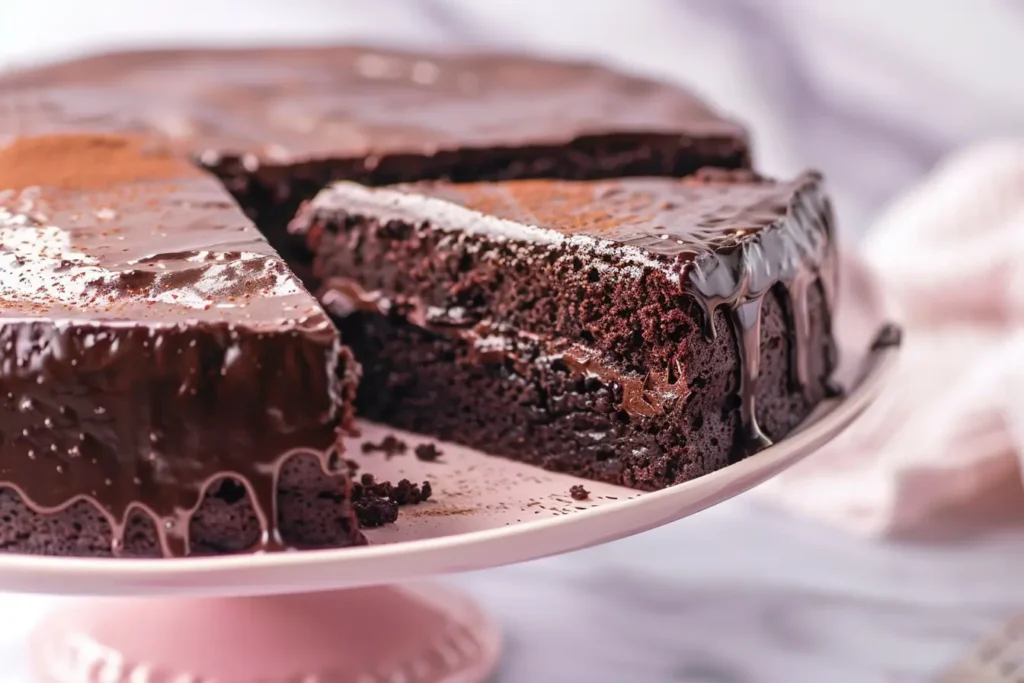 rich dense cake - A rich, fudgy chocolate cake with a glossy ganache topping