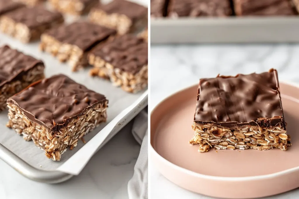 sweet treats - No-bake chocolate oat bars on a tray with a close-up view of a single bar.