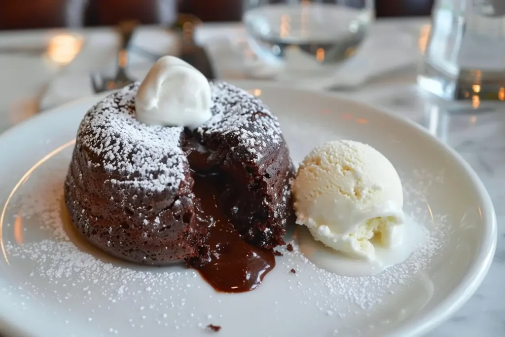 warm desserts - A close-up of a molten lava cake with chocolate lava flowing out.