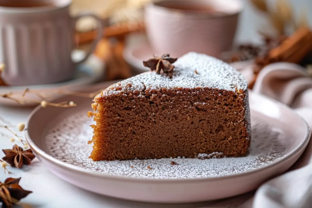 winter desserts - A freshly baked gingerbread cake with powdered sugar on top.