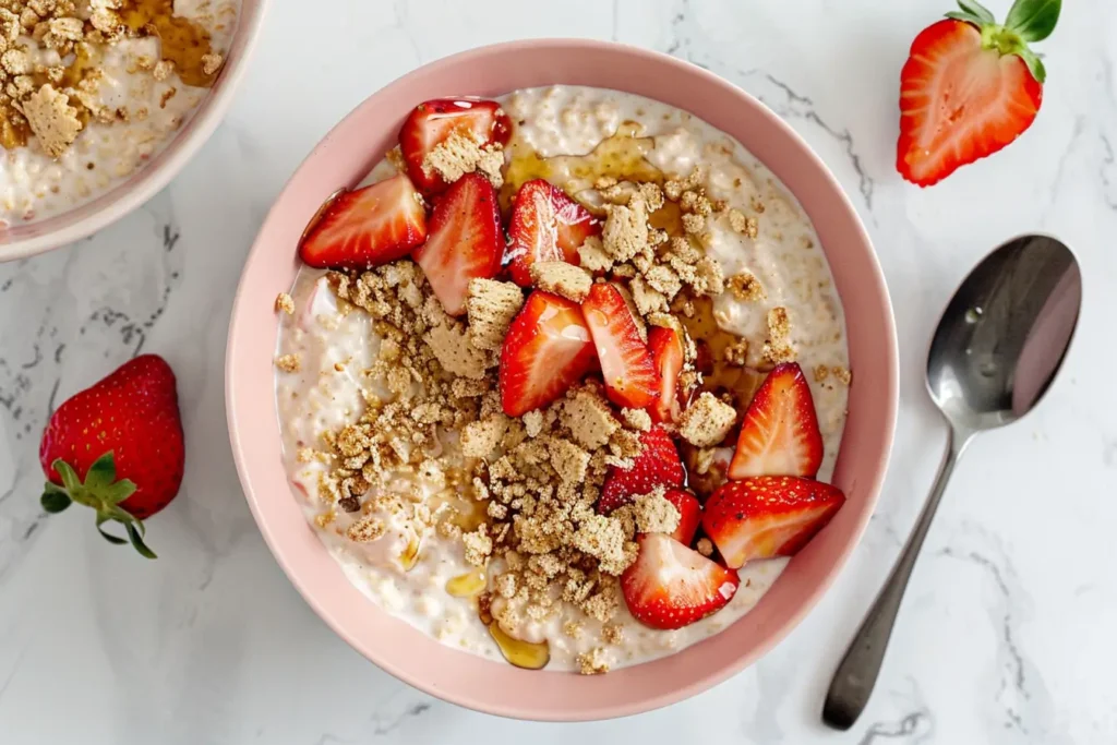 Best Dessert-Inspired Overnight Oats - A bowl of strawberry cheesecake overnight oats with fresh strawberries and graham crackers