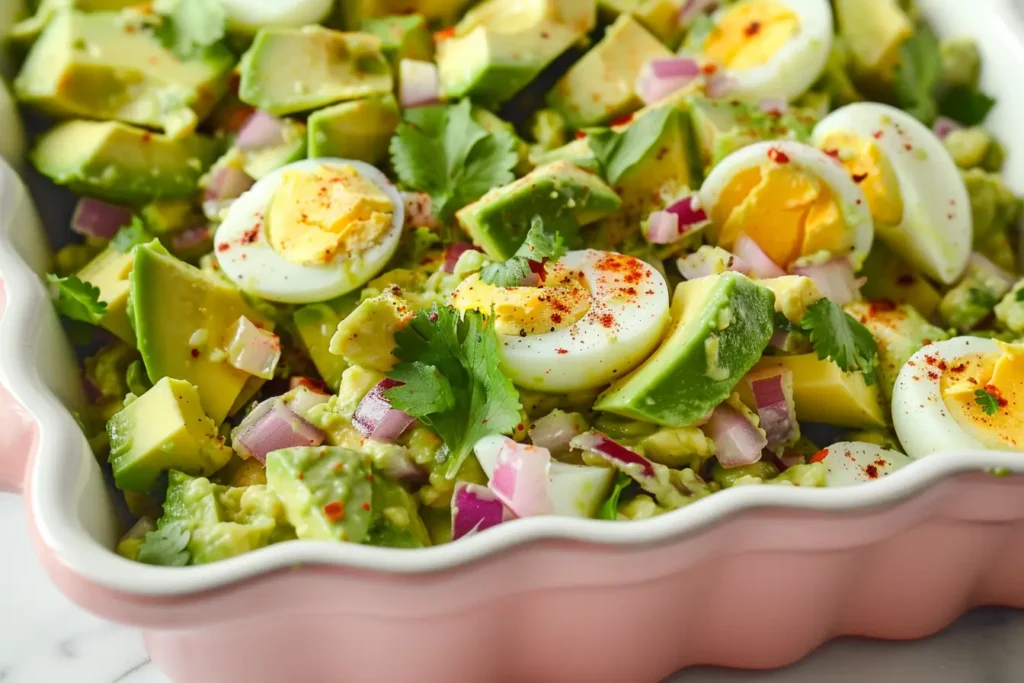 Brunch Salad - vocado egg salad with diced avocado, chopped eggs, onion, cilantro, and red pepper flakes.