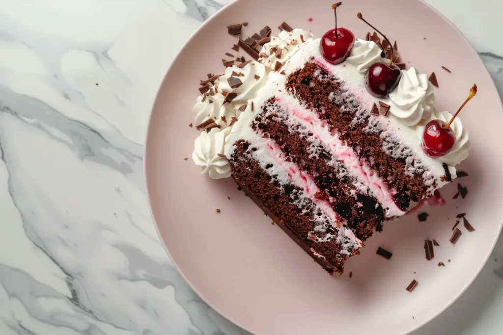 Chocolate Cherry Cake - A slice of Black Forest Cake with whipped cream and cherries.