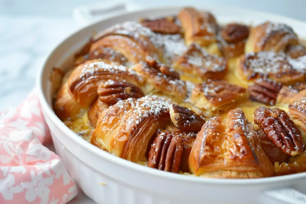 French Toast Casserole - Croissant-based French toast casserole with caramelized pecans and powdered sugar.