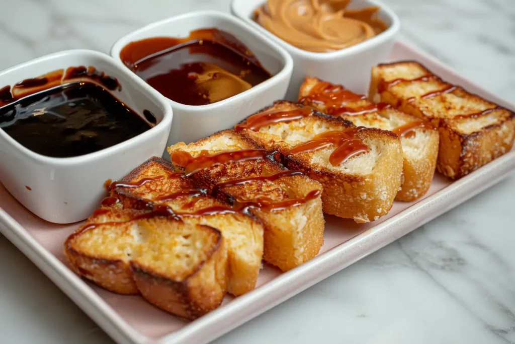 French toast without milk or eggs - French toast sticks with chocolate, peanut butter, and maple syrup.