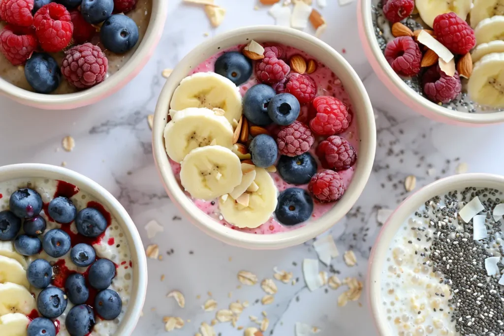 High-Protein Overnight Oats - Three variations of high-protein overnight oats with different toppings, including berries, nut butter, and chia seeds