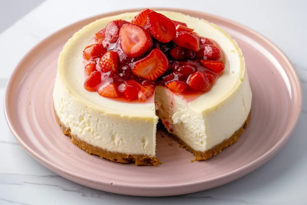 What are the 4 main desserts - Slice of strawberry cheesecake with fresh compote on a soft pink plate.