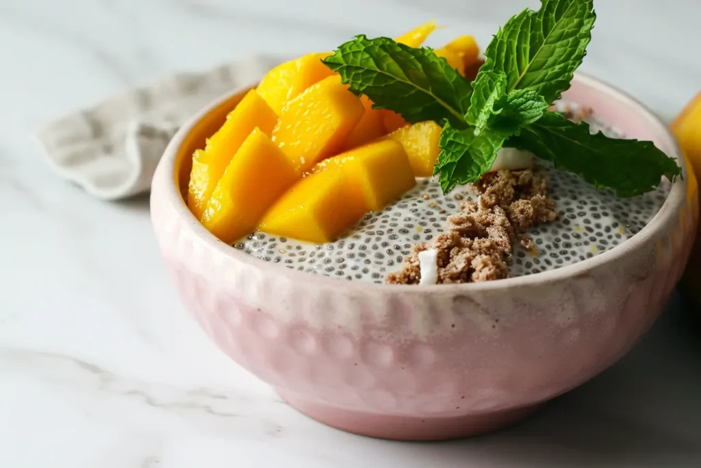 What can I eat that's gluten free and dairy free - Coconut chia seed pudding topped with mango and mint.