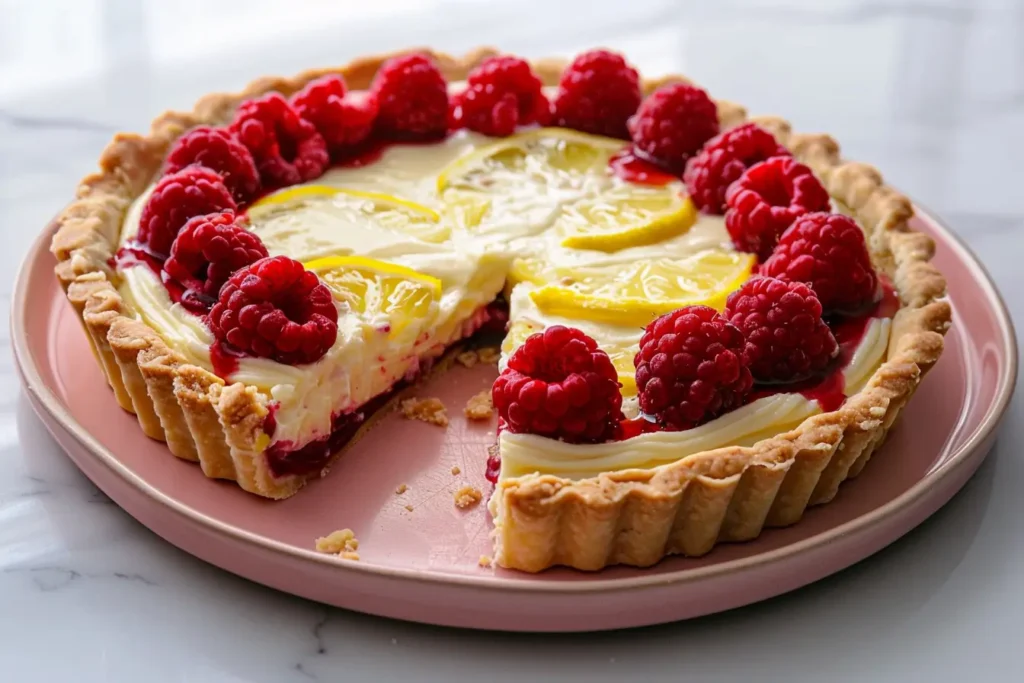 What desserts are good for bridal brunch - Sliced lemon raspberry tartlet on a pink ceramic plate.