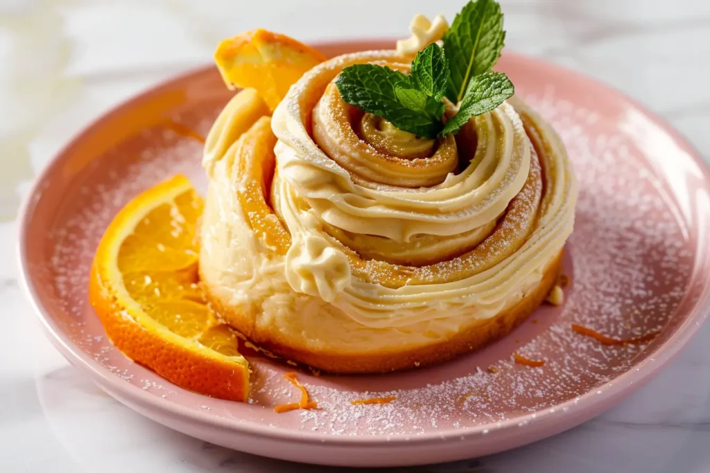 What is a nice light dessert - Orange roll with cream cheese frosting and orange slice.