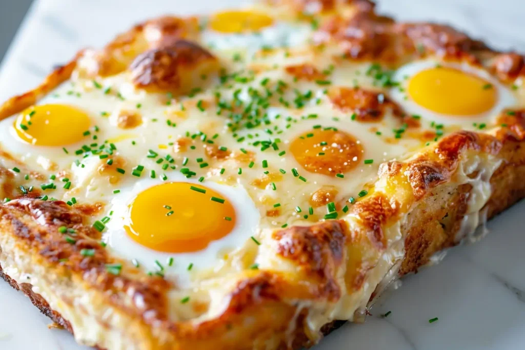 What is the Best Time for Brunch - A croque madame casserole with golden cheese and baked eggs, garnished with chives.