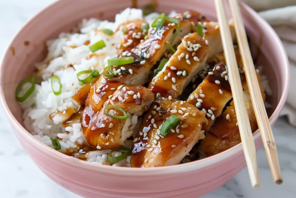 how long can cooked chicken sit out - Teriyaki chicken bowl with rice and sesame garnish.