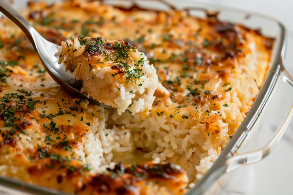 how long does it take to boil chicken - Chicken and rice casserole with a golden-brown crust, fresh herbs on top.