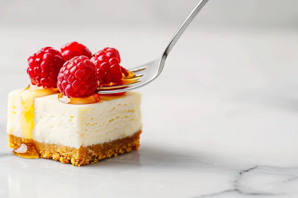 sweet treats - A mini cheesecake with a graham cracker crust, topped with raspberries and honey.