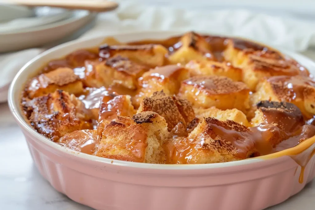 warm desserts - Warm bread pudding drizzled with caramel sauce and cinnamon.