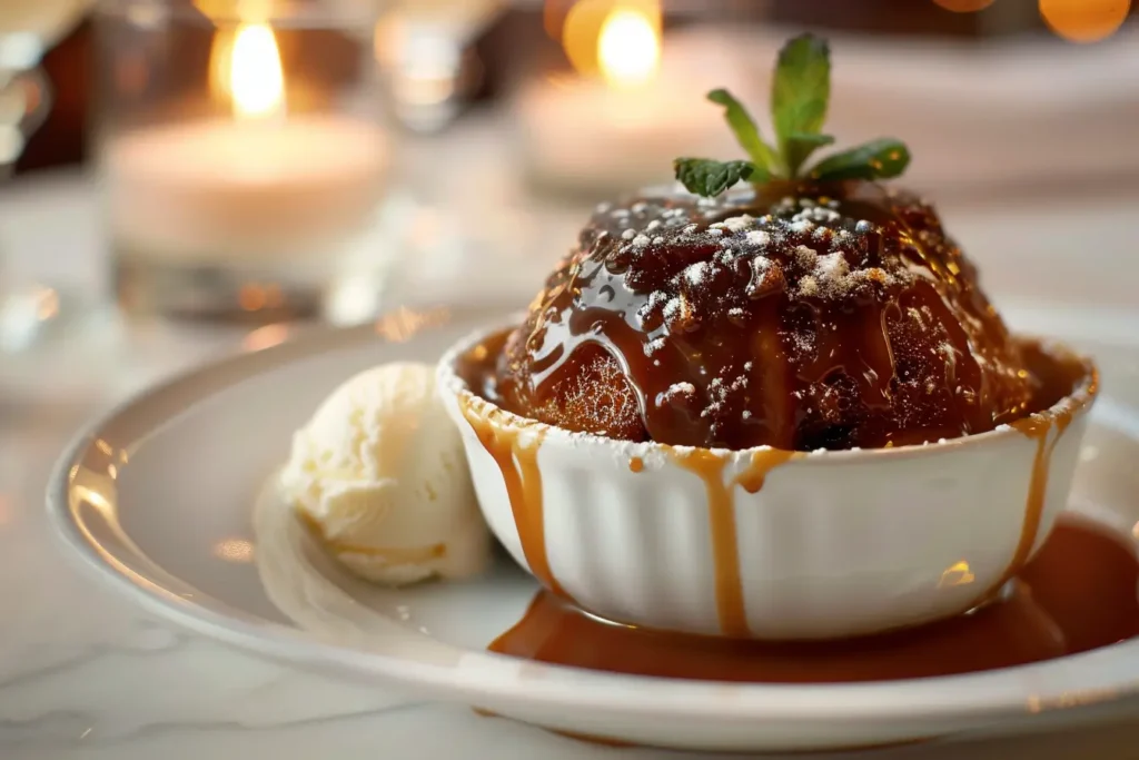 winter desserts - A rich sticky toffee pudding drizzled with warm caramel sauce.