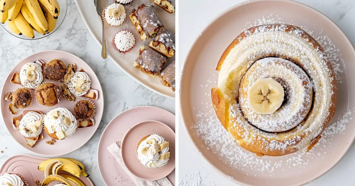 What dessert goes with brunch - Brunch spread with banana fritters and cinnamon roll cake on a white marble countertop.